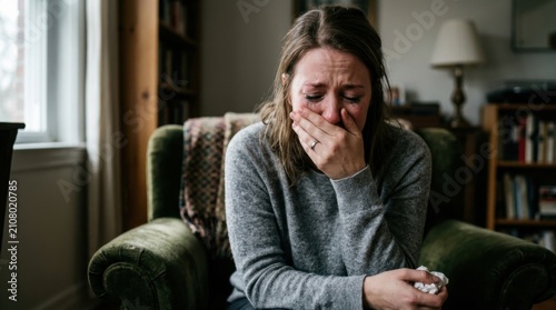 Distressed woman crying alone in an armchair at home, dealing with grief, sadness, and emotional pain