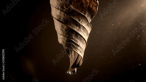 Dried brown leaf curled tightly with a single water droplet hanging at the tip.
