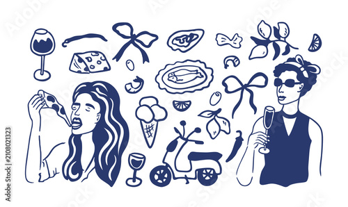 Girls Italian summer with mediterranean food and drink. Vacation in Italy. Hand drawn Organic Style