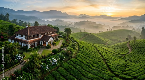 Beautiful house on a green tea plantation at sunrise