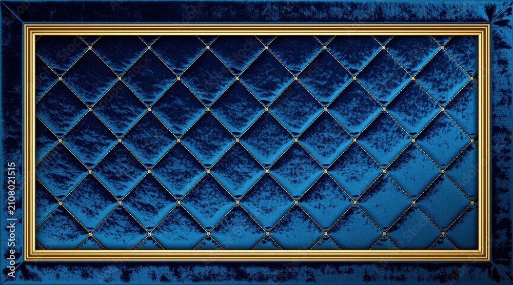 Obraz premium Dark blue velvet panel with quilted diamond texture. Rectangular wall decoration features gold trim frame. Soft padded textile surface luxury geometric pattern for interior design. Stylish furniture