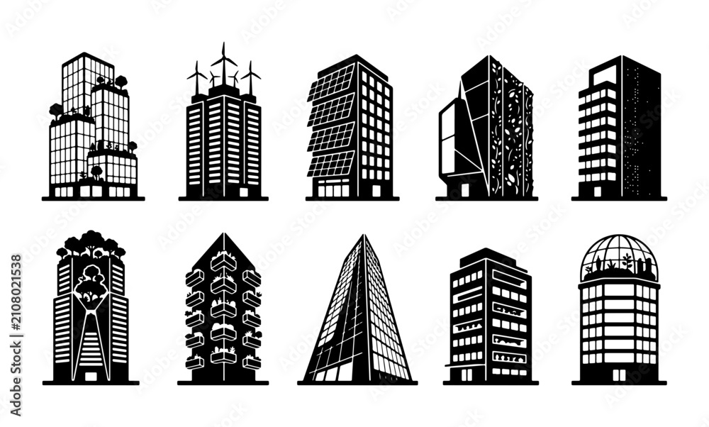 Obraz premium Modern Architecture Icons, Futuristic Buildings Set, Eco-Friendly Cityscape Elements, Diverse High-Rise Designs
