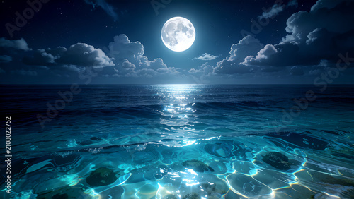 Bright full moon shining over a serene ocean with clear water and cloudy night sky.