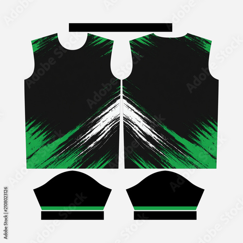 Abstract Solid Black and Vibrant Green Sports Jersey Design Pattern with Dynamic White Diagonal Paint Brush Stroke Texture, Speed Slash Grunge Sublimation Apparel Vector Mockup Template for Soccer, Fo