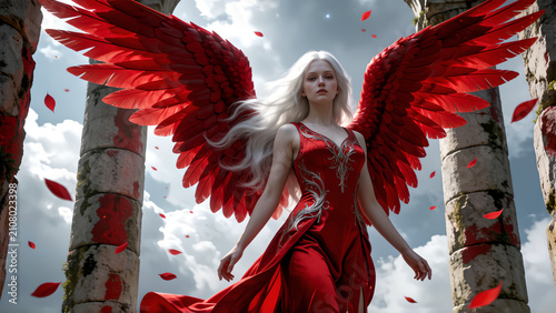 Stunning fantasy angel woman with huge red feathered wings standing among ancient ruined stone pillars.