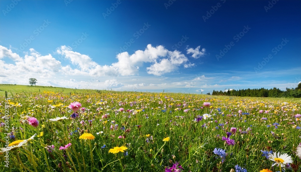 Obraz premium Wide Wildflower Meadow Under Expansive Blue Sky