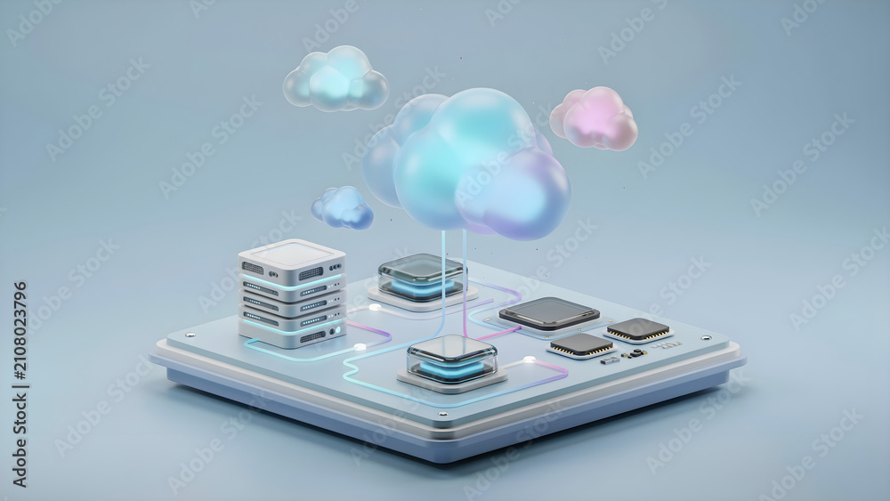 Fototapeta premium Advanced Cloud Computing Technology: 3D Render of Data Servers, Processors, and Digital Network Connections for Global Data Management