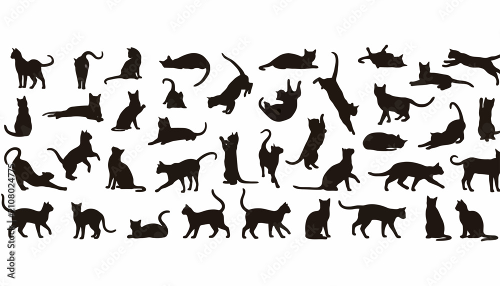 Fototapeta premium Cats in various poses are depicted as black silhouettes to illustrate feline movement and behavior.