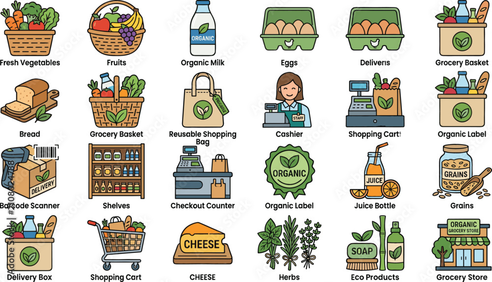 Fototapeta premium Organic Grocery and Supermarket Icon Set with Fresh Food Vegetables Shopping Bags and Retail Elements for Healthy Lifestyle Designs