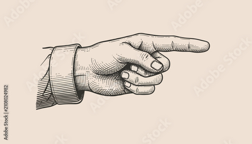 Foto Hand gesture showing a pointing finger is depicted in an etched style to indicate direction or focus