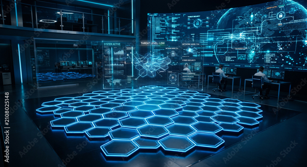 Naklejka premium Futuristic digital command center featuring holographic data interfaces, high-tech control panels, and a glowing hexagonal floor pattern