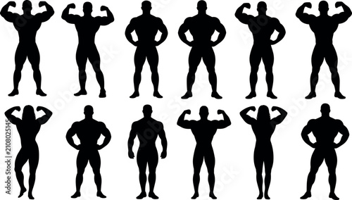 Photos Set of black silhouette bodybuilders flexing muscles in different poses for gym fitness graphic design vector illustration templates and backgrounds