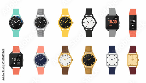 Принти на полотні Wristwatches collection showcases an assortment of analog and digital timepieces with colorful bands and diverse dial designs