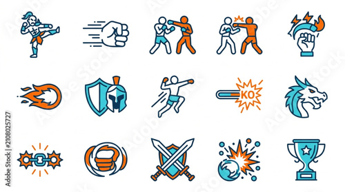 Tableau sur toile Collection of Sports and Fighting Icons with Dynamic Action.