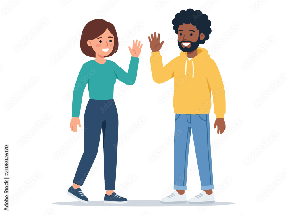 Fototapeta premium Flat vector illustration of two diverse people greeting each other with a friendly wave, representing friendship, communication, inclusion, and positive social interaction.