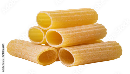 Fotografie Stack of ridged rigatoni pasta tubes, isolated on transparent background