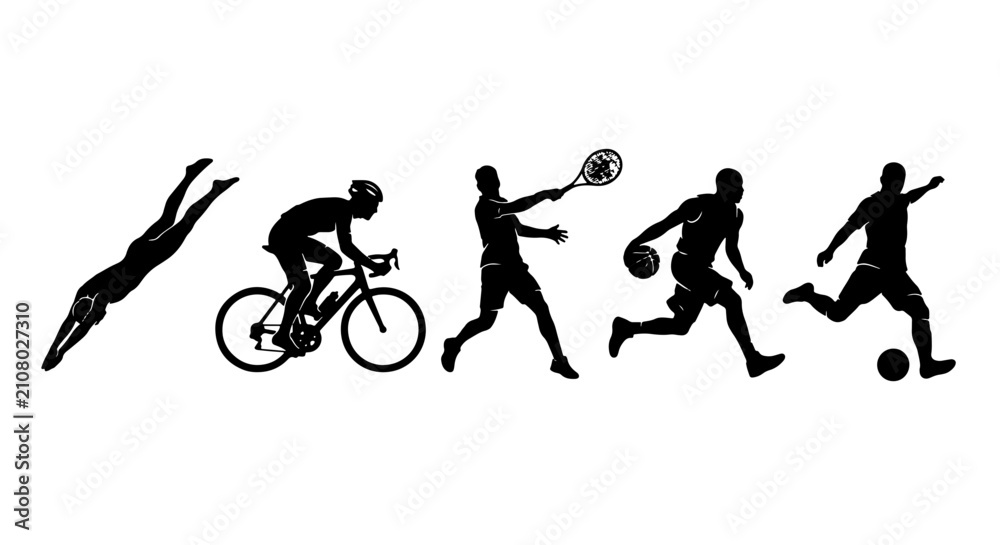 Obraz premium Dynamic Sports Silhouettes: Swimmer, Cyclist, Tennis Player, Basketball Player, Soccer Player Vector Icons for Active Lifestyle and Fitness Graphics