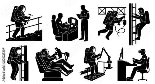Astronaut Training and Space Exploration Icons, Set of 8 Vector Graphics for Science and Technology Concepts