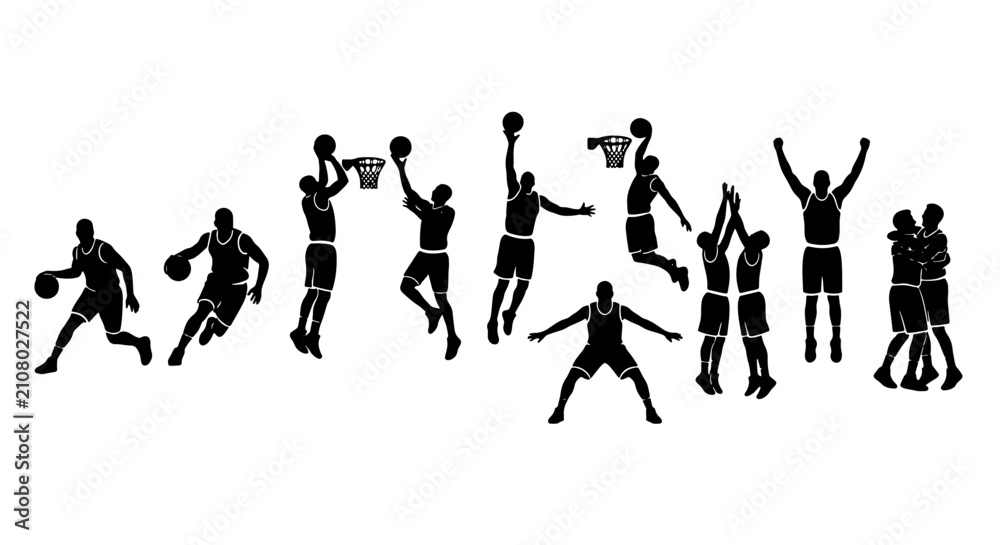 Obraz premium Basketball Player Silhouettes, Dynamic Action Poses, Sports Vector Icons, Game Performance Graphics, Athletic Movement Collection