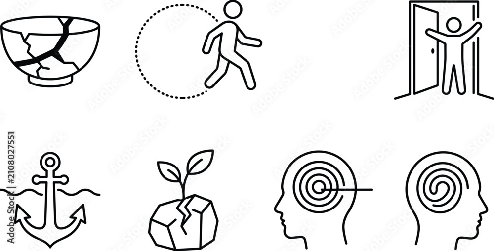 Obraz premium Mental Health Psychology and Personal Growth Line Icon Set featuring Broken Bowl Comfort Zone Escape Plant Growing from Stone and Concentrated Mind Symbols