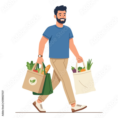 Obraz na plátně Flat vector illustration of a man carrying reusable grocery bags filled with fre