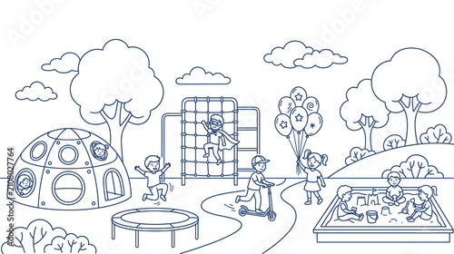 Children enjoying outdoor activities at a playful park illustration.