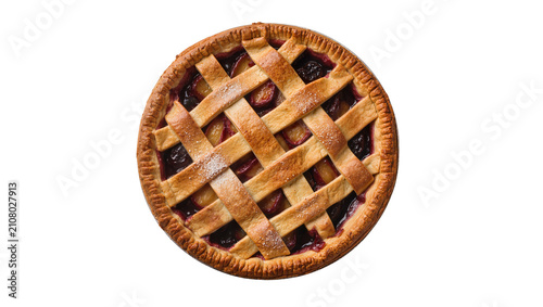 Bild auf Leinwand Golden brown lattice pie with plum filling dusted with sugar, isolated on transp