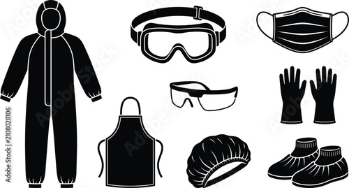 Cuadro en lienzo Personal Protective Equipment Silhouette Icon Set featuring Hazmat Suit Goggles
