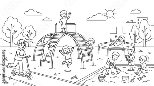Children playing on playground equipment in park during sunny day line art coloring page.