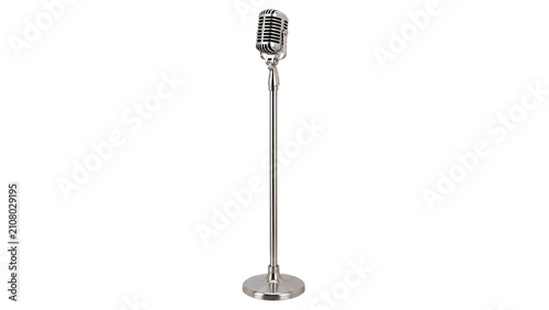 Silver vintage microphone on stand isolated on transparent background