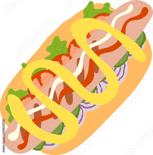 Big grilled hot dog with mustard hand drawn vector illustration. Trendy minimalist tasty fast food print