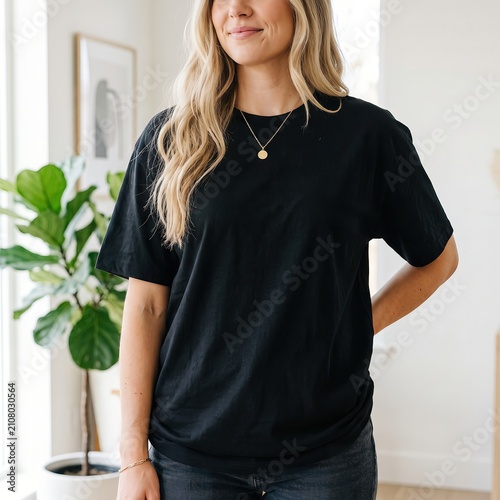 Woman wearing a plain black t-shirt stands indoors near a green potted plant in a bright room.