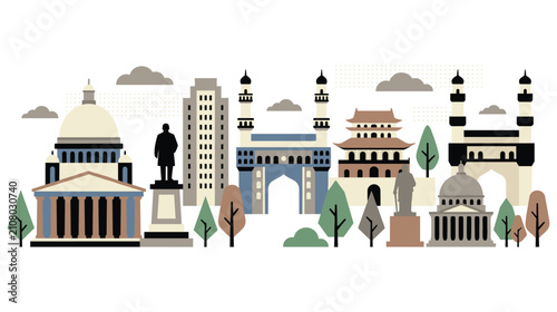 Flat design cityscape with famous landmarks and monuments from around the world.