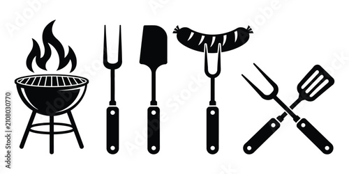 Obraz na płótnie Barbecue grill icon set, featuring BBQ tools, flaming charcoal grill, outdoor cooking equipment, summer picnic, party essentials, and clean vector design