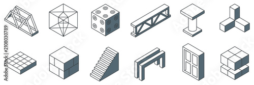 Building material icon set with trusses, beams, foundations, and construction structure symbols for engineering design