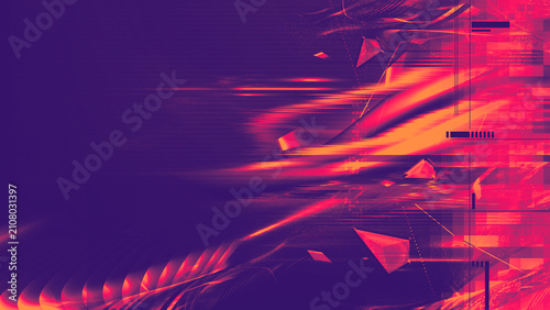 Abstract futuristic background with glitch effects, glowing streaks, geometric fragments, neon gradients, digital distortion, and cyber design on a purple backdrop