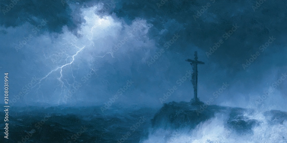 Fototapeta premium Solemn depiction of jesus christ on a cross set against a stormy sky with lightning over the sea