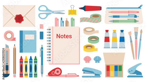 School and office stationery items set featuring brushes pens pencils and art supplies.