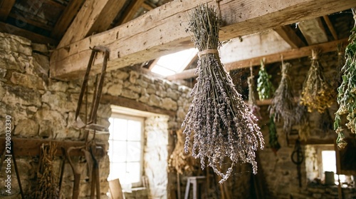 Dried lavender bunch hanging upside down from wooden beams in rustic building