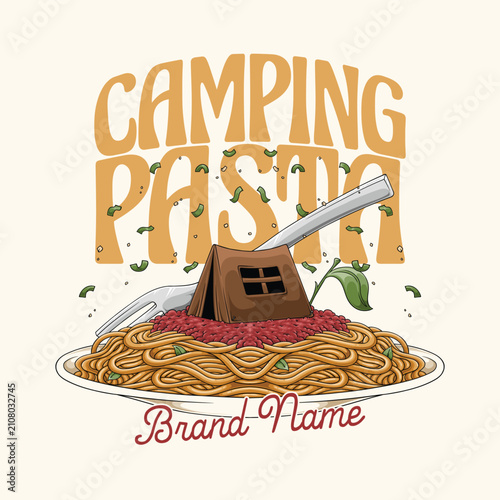 Cartoon Funny Camping Tent on Spaghetti with Meat Sauce Illustration