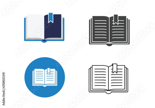 Open book with bookmark vector icon set, flat icon, outline, glyph, linear, clipart, sticker