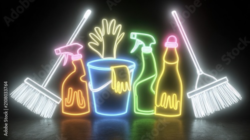 Neon cleaning supplies.  Colorful glowing cleaning tools and supplies, including brushes, spray bottles, a bucket, and gloves, depicted in bright neon colors against a dark background