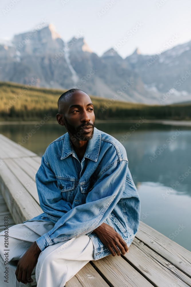 Fototapeta premium Thoughtful man seated on lakeside dock wearing denim jacket by mountain water for lifestyle background and banner design
