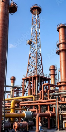 Rusty oil rig pipe towers over stacks of oil refinery equipment, industry, production