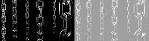 Foto Shiny chrome metal chains hanging vertically on black and transparent background
