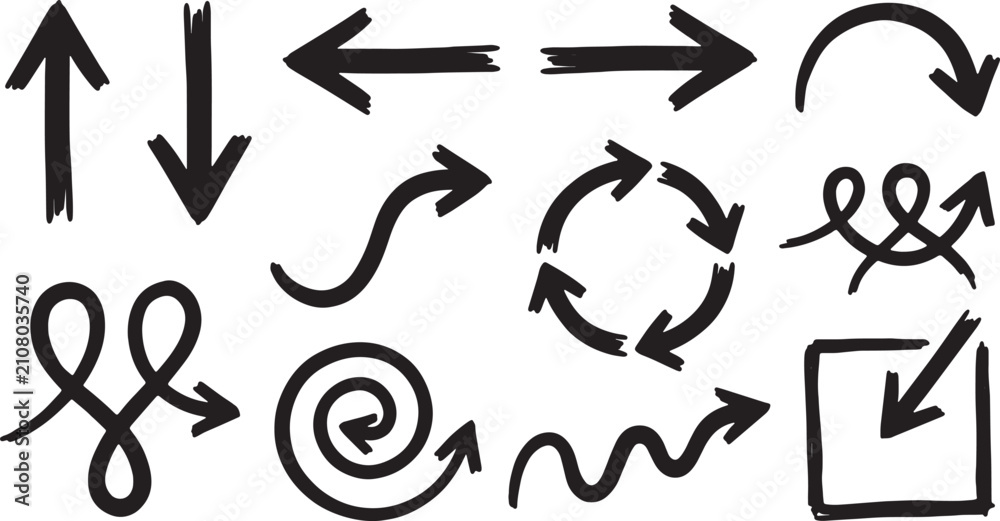 Fototapeta premium Hand-drawn arrows, circles, and squares in black ink on white background, lines curves