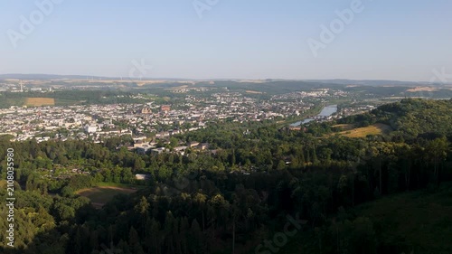 Trier cityscape and Mosel river, aerial view, ancient roman city and bridge in the Moselle Valley, Germany, summer landscape rhineland palatinate