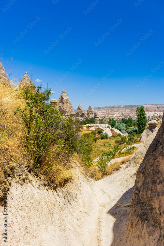 Obraz premium Scenic view of Love valley in Cappadocia with volcanic rock formations. The concept represents nature, conservation, exploration, tranquility, ecotourism, destination, heritage, sustainable travel