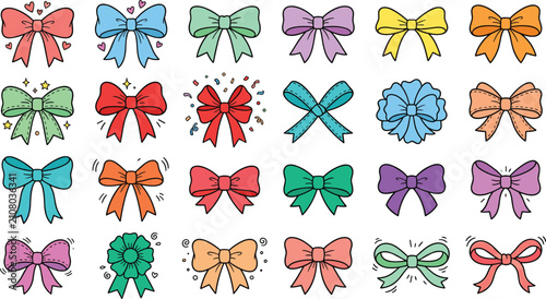 Colorful Cute Hair Bows and Ribbon Ties Vector Set with Decorative Confetti Stars and Hearts Elements for Gift Wrapping Birthday Cards and Fashion Designs