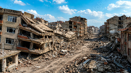 Devastated city street filled with rubble and collapsed buildings. Aftermath of a severe earthquake or war destruction. Urban disaster zone under a blue sky